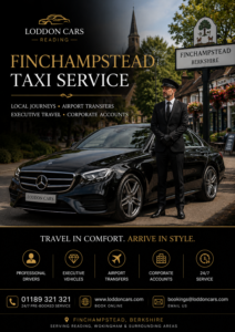Finchampstead Taxi - Reading Taxis Advertisement poster for Loddon Cars Reading: Finchampstead Taxi Service with a black Mercedes and a suited chauffeur in a town street sign-lit scene.