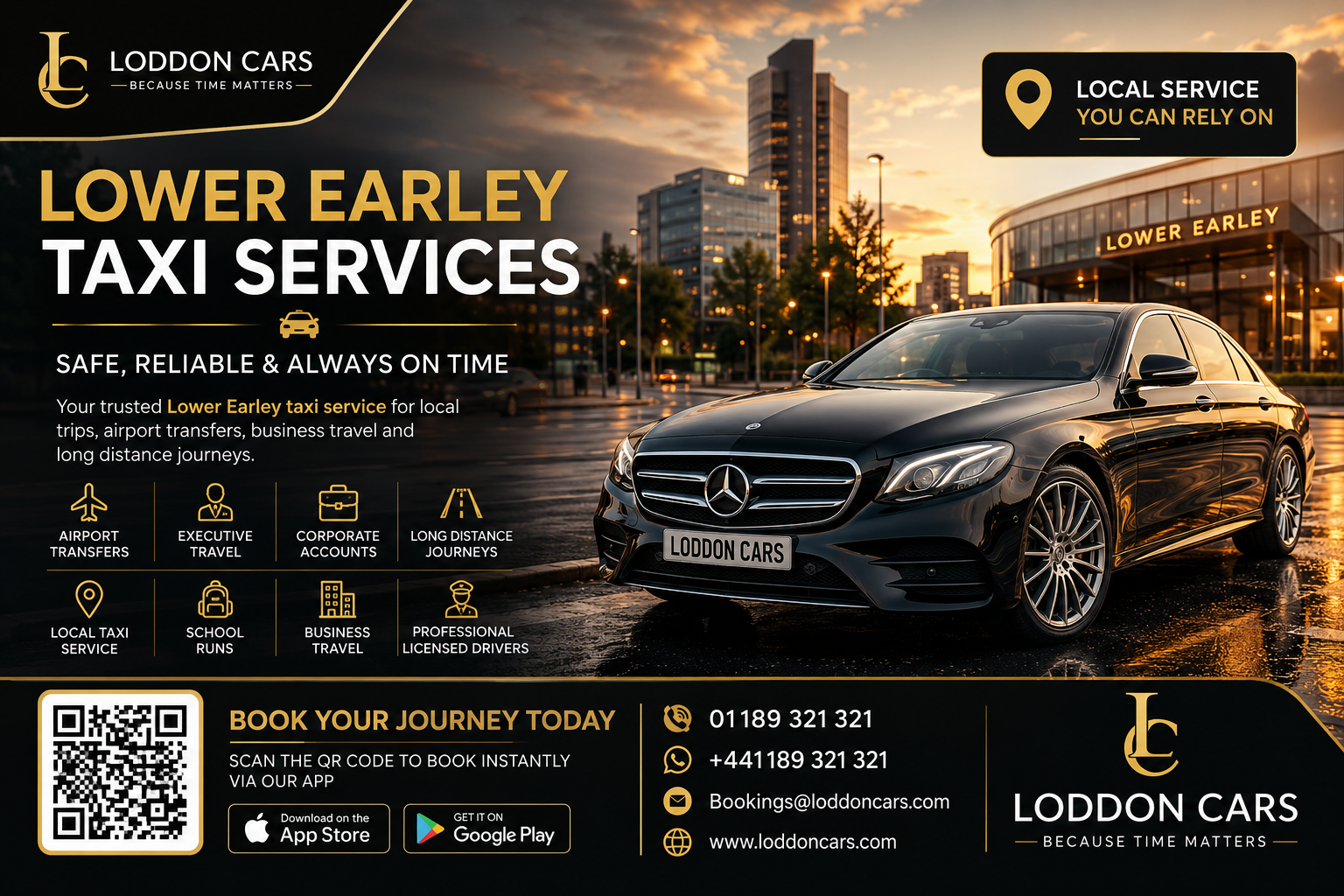 Promotional banner for Loddon Cars taxi services featuring a black Mercedes in a city at sunset with the headline 'Lower Earley Taxi Services' and a QR code for booking.