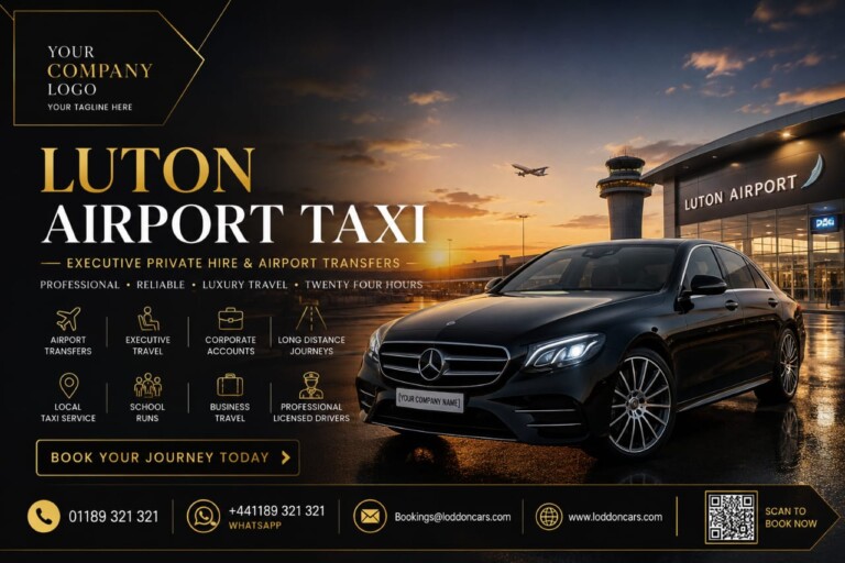 Loddon Cars Luton Airport taxi outside the passenger terminal