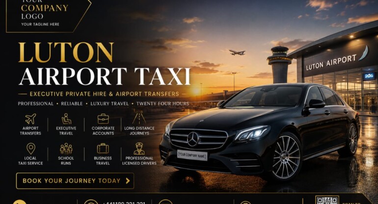 Loddon Cars Luton Airport taxi outside the passenger terminal