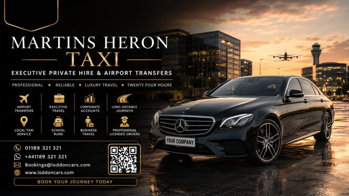 Luxury black executive taxi providing Martins Heron Taxi service by Loddon Cars