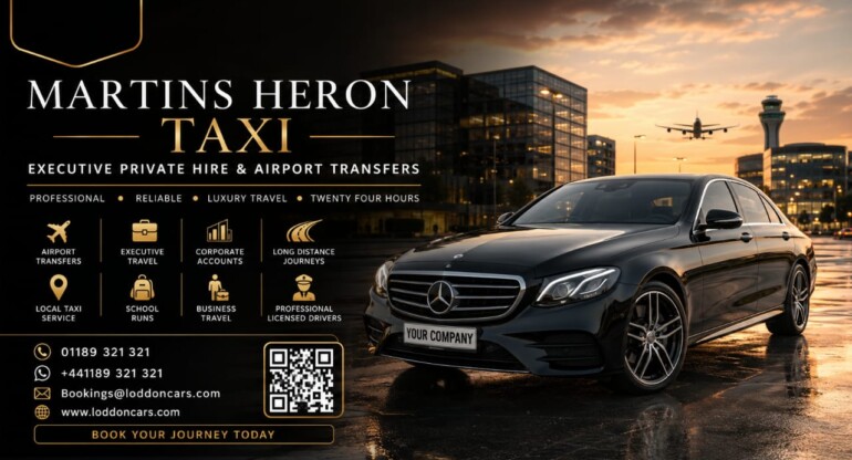 Luxury black executive taxi providing Martins Heron Taxi service by Loddon Cars