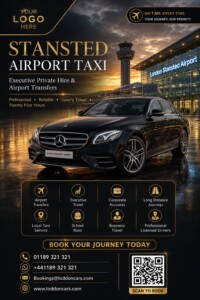 Executive airport transfer vehicle outside Stansted Airport terminal