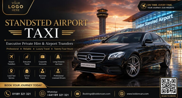 Loddon Cars Stansted Airport taxi outside the passenger terminal