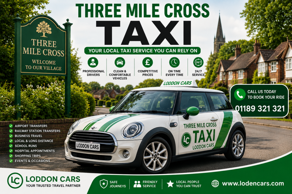 Promotional image for Three Mile Cross Taxi: a white and green taxi parked on a village street with a large green-and-black 'TAXI' headline and 'Three Mile Cross' branding on the car and signposts nearby, conveying local taxi services.