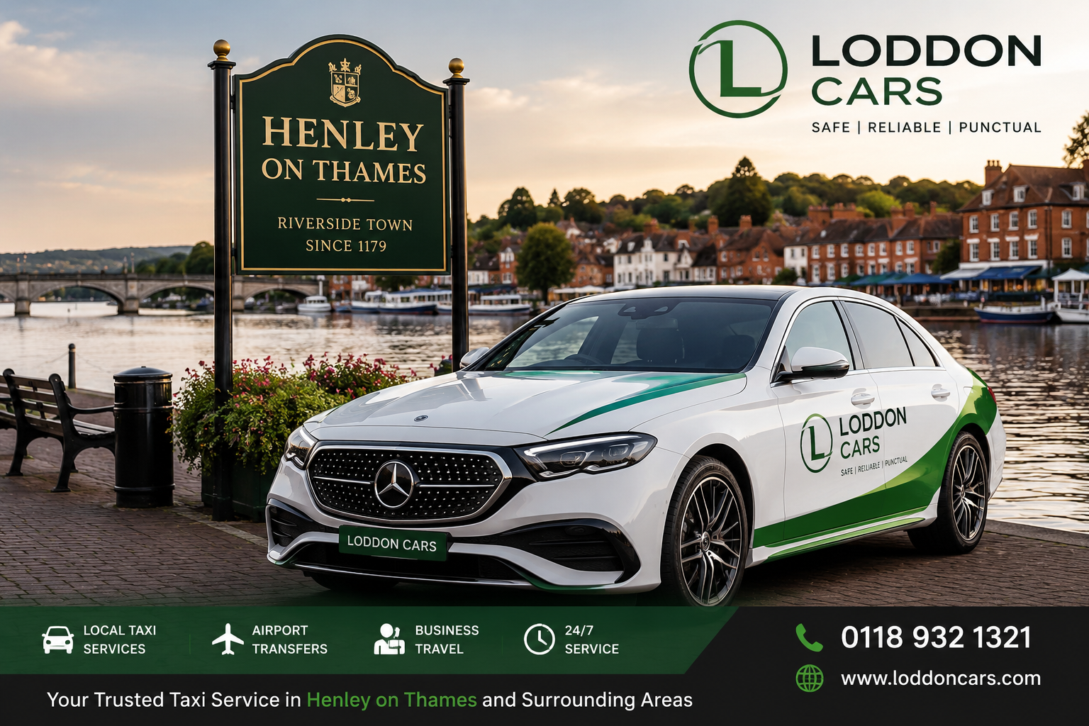 White Mercedes with henley taxis LODDON CARS branding parked by the Henley-on-Thames riverside, with historic town in the background and a green service banner at the bottom.