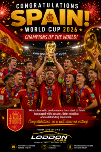 World Cup Champions 2026 - Reading Taxis Spain World Cup 2026 champions celebrating their FIFA World Cup victory with congratulations from Loddon Cars.