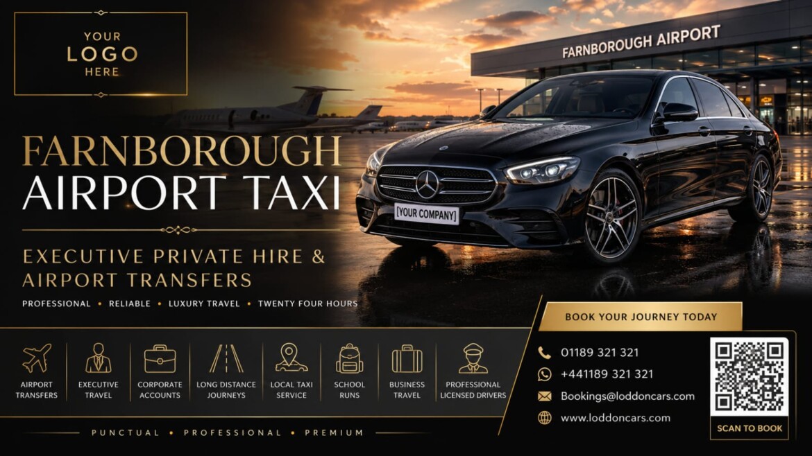 Book a professional Farnborough Airport taxi with Loddon Cars. Fixed fares, executive vehicles, meet & greet, flight monitoring and 24/7 transfers.