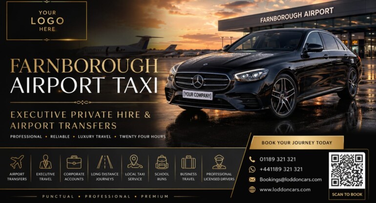 Book a professional Farnborough Airport taxi with Loddon Cars. Fixed fares, executive vehicles, meet & greet, flight monitoring and 24/7 transfers.