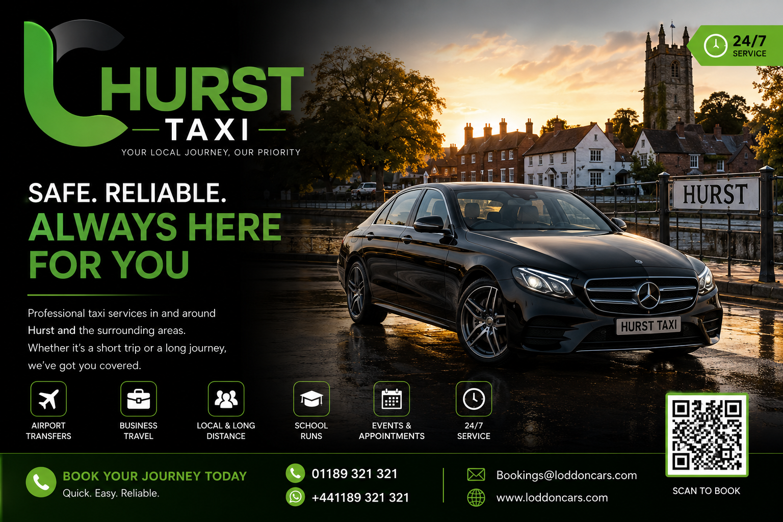 Hero banner for Hurst Taxi showing a black Mercedes sedan by a riverside town at sunset, with the Hurst logo and bold green/white copy on the left and a QR code on the bottom right.