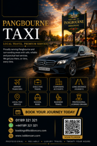 Pangbourne Taxi - Reading Taxis Pangbourne Taxi promotional poster with a black luxury car by a river at sunset and service icons beneath.