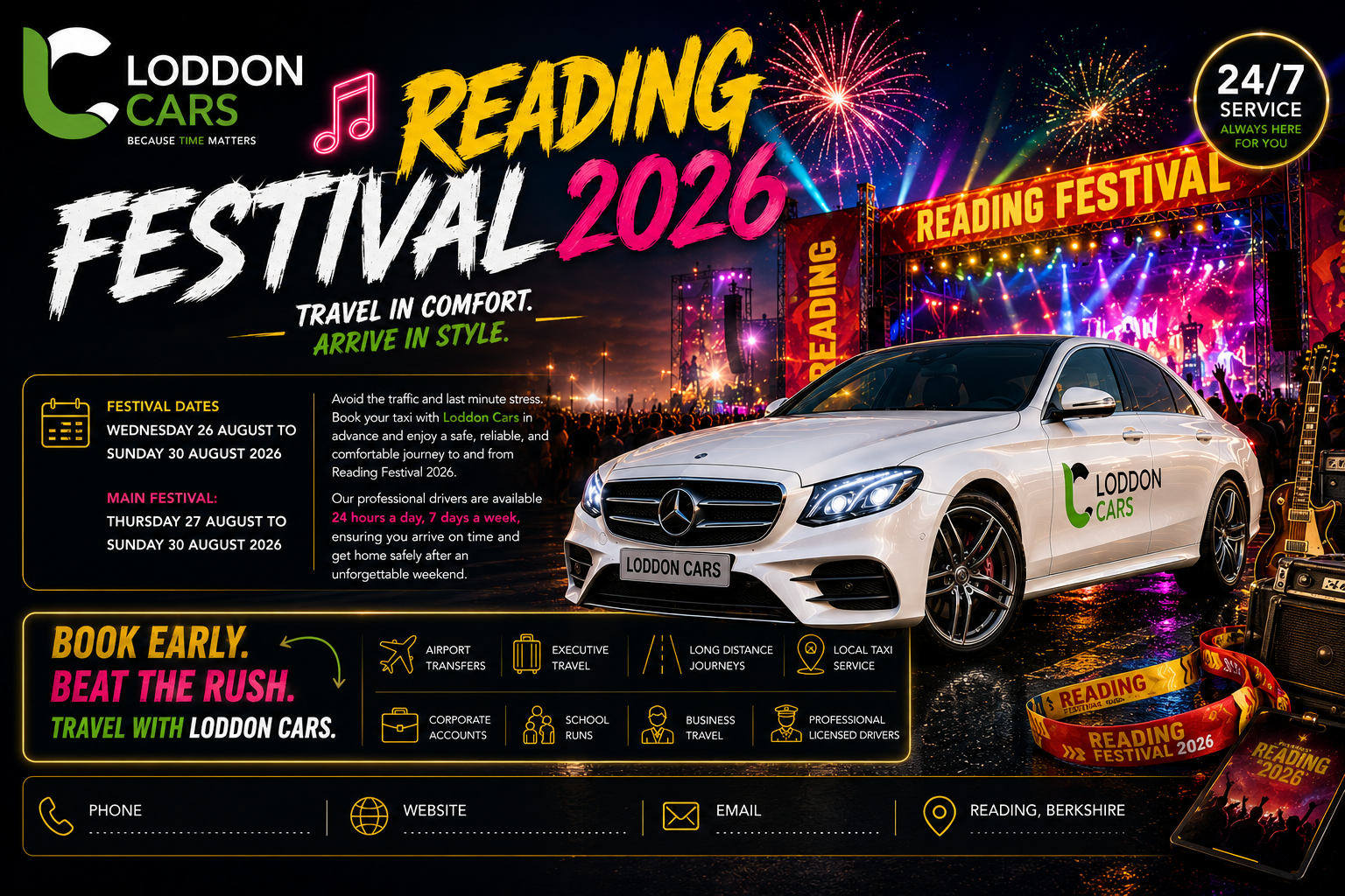 Festival poster featuring a concert stage with colorful fireworks, bold 'READING FESTIVAL 2026' text, and a white Loddon Cars car in the foreground.Reading Festival Taxi by Loddon Cars outside Reading Festival entrance