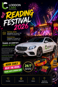 Festival poster featuring a concert stage with colorful fireworks, bold'READING FESTIVAL 2026' text, and a white Loddon Cars car in the foreground.