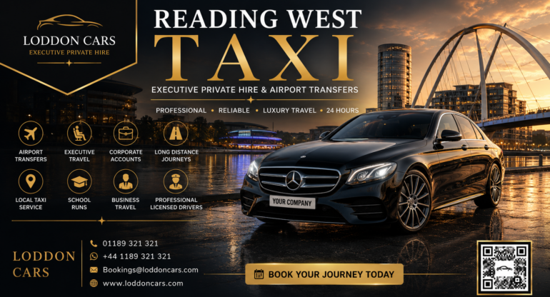 Executive Mercedes taxi providing Reading West Taxi service outside Reading West Railway Station.