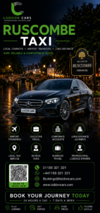 Ruscombe Taxi Portrait - Reading Taxis Loddon Cars advertisement with a black Mercedes in a night-time town scene, green RUSCOMBE TAXI text and Ruscombe Berkshire sign in the background.