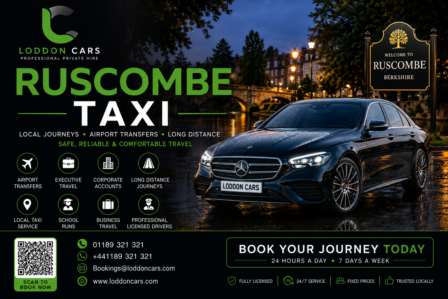 Promotional banner for Ruscombe Taxi by Loddon Cars, featuring a black Mercedes taxi beside a village sign and contact info