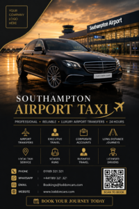 Promotional poster for Southampton Airport Taxi featuring a black luxury sedan in front of the airport with booking details and a QR code.