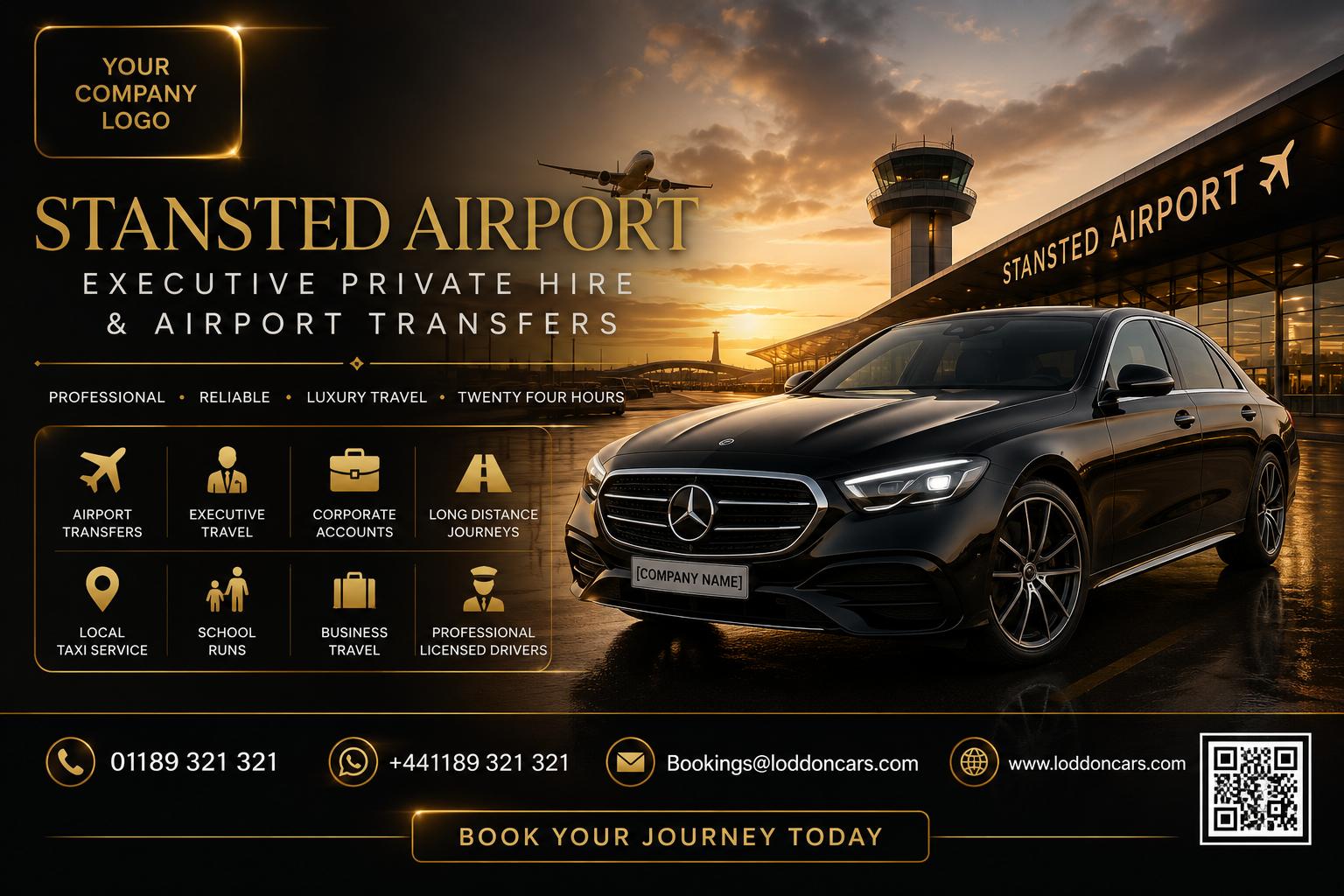 Executive airport transfer vehicle outside Stansted Airport terminal
