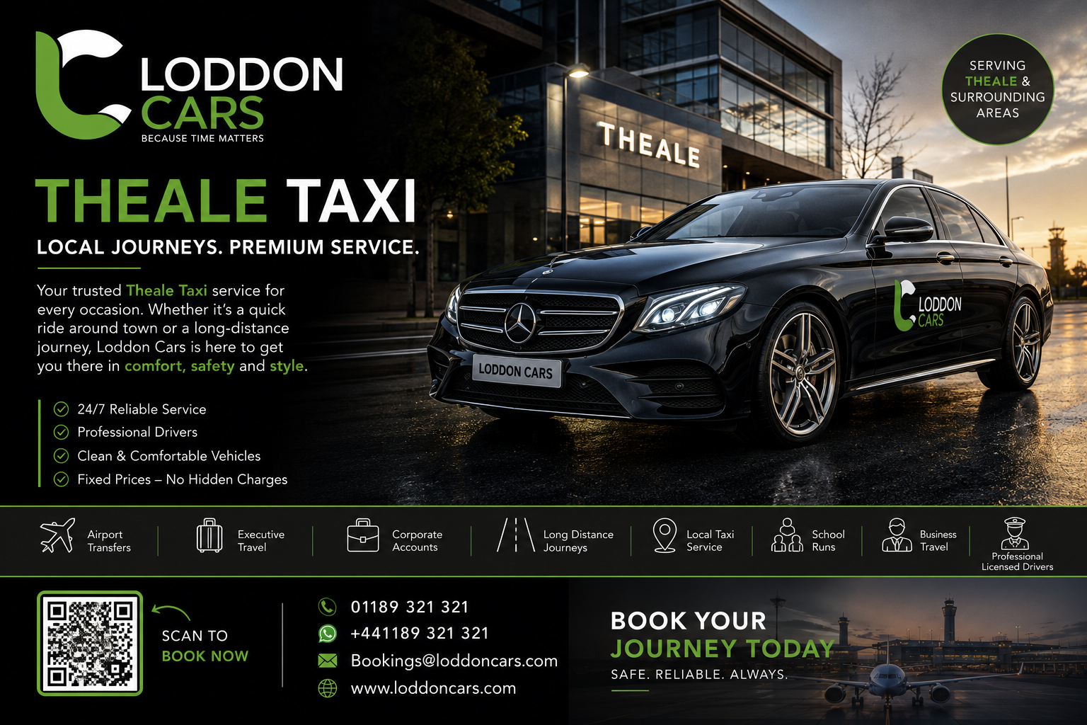 Theale Taxis promotional image: a green-and-white taxi on a countryside road in Reading, Berkshire.