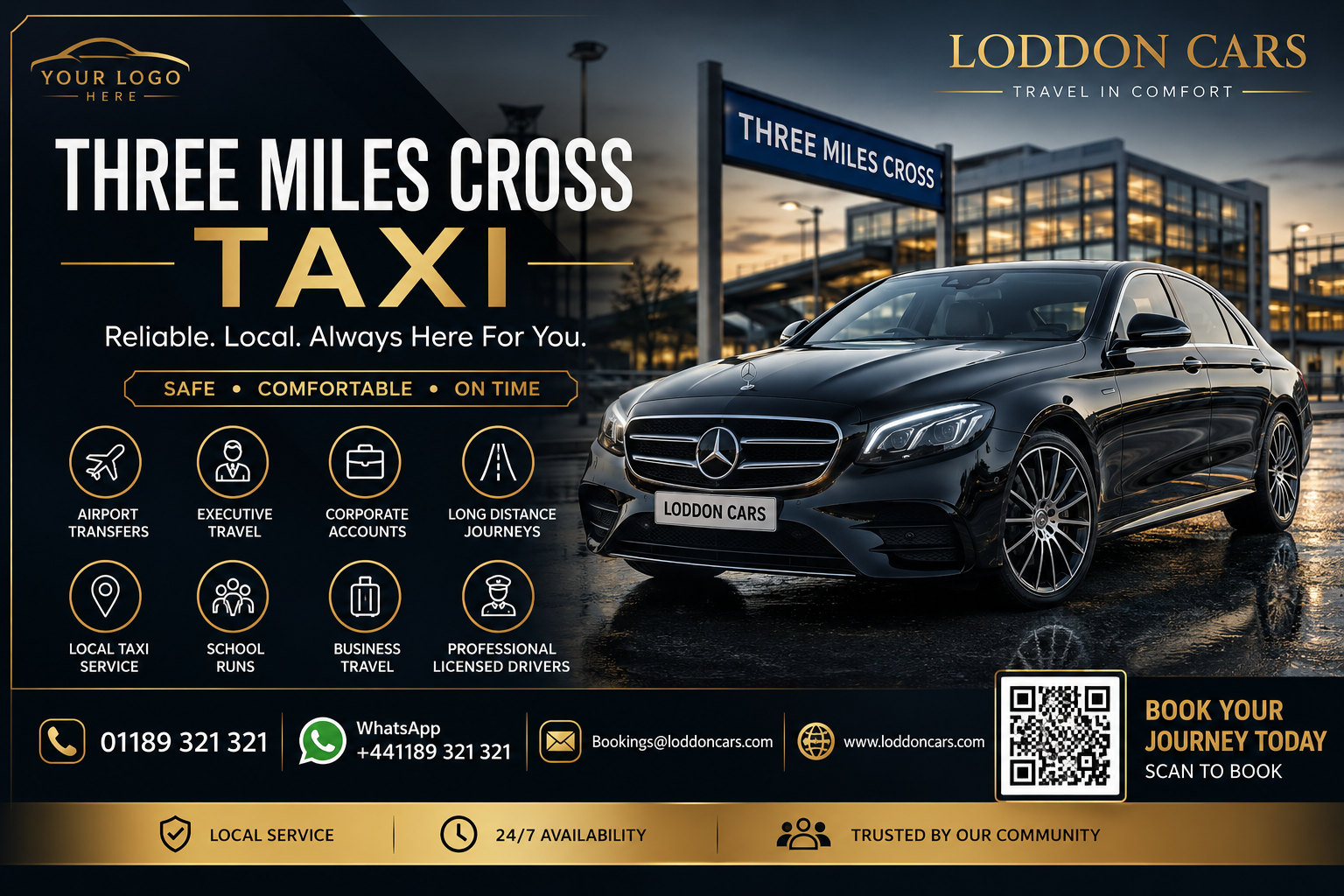 Promotional image for Three Mile Cross Taxi: a white and green taxi parked on a village street with a large green-and-black 'TAXI' headline and 'Three Mile Cross' branding on the car and signposts nearby, conveying local taxi services.