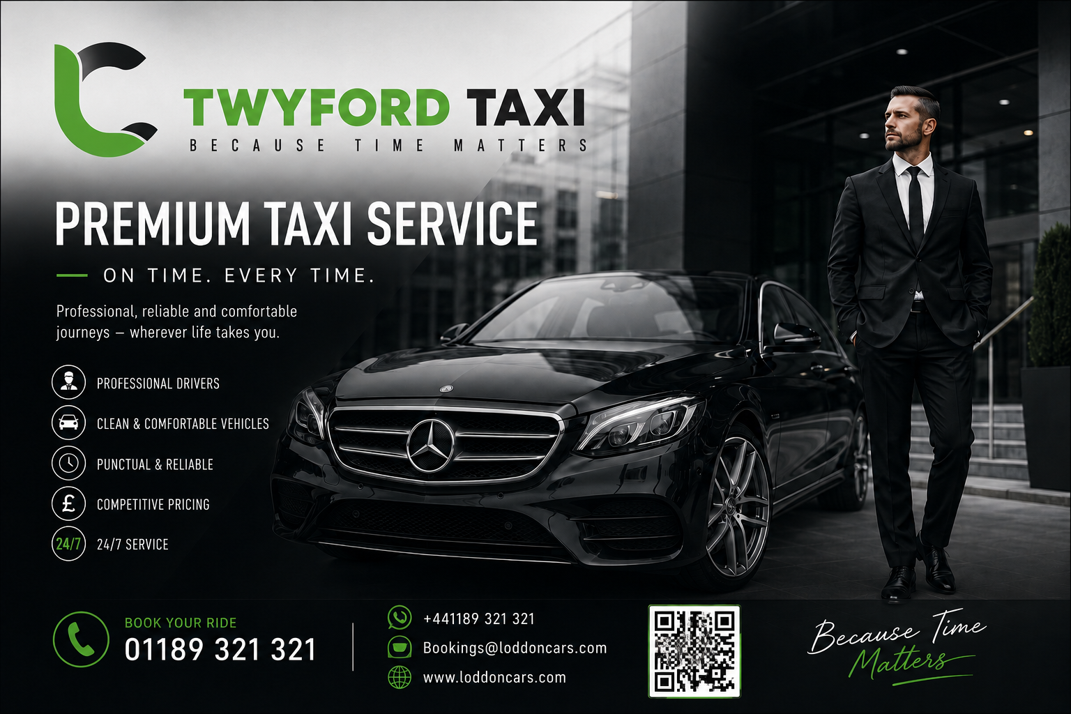 Twyford Taxi banner: a black Mercedes sedan beside a man in a suit outside a modern building, promoting premium taxi service.