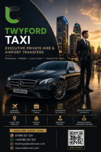 Loddon Cars Premium Taxi service - Reading Taxis Advertising banner for Twyford Taxi showing a black luxury car and a man in a suit beside a sunset city skyline.