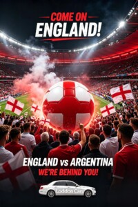 WhatsApp Image 2026-07-15 at 12.00.03 (1) - Reading Taxis Football stadium crowd cheering for England with flags, a gigantic red-and-white soccer ball, and bold'COME ON ENGLAND!' text above.