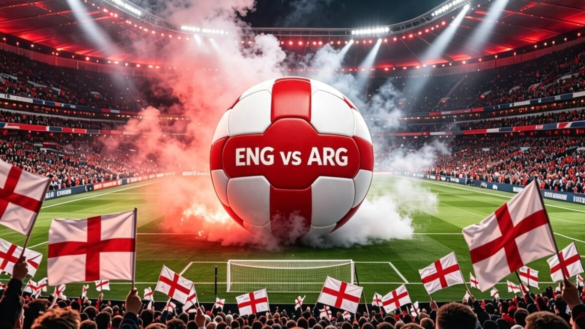 Crowd in a stadium waving England flags as a giant banner reads 'COME ON ENGLAND! ENGLAND VS ARGENTINA' behind a red-and-white soccer ball.