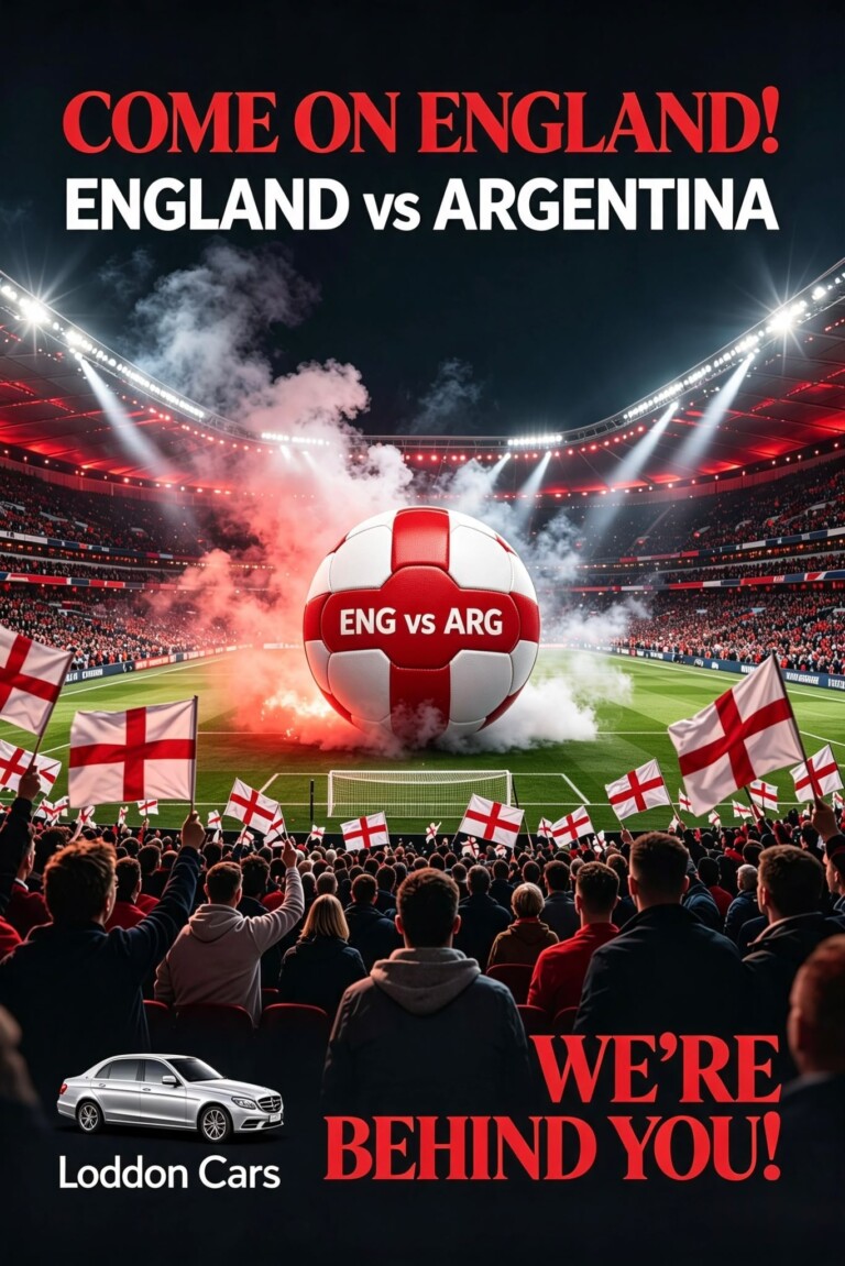 Crowd in a stadium waving England flags as a giant banner reads 'COME ON ENGLAND! ENGLAND VS ARGENTINA' behind a red-and-white soccer ball.