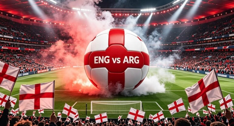 Crowd in a stadium waving England flags as a giant banner reads 'COME ON ENGLAND! ENGLAND VS ARGENTINA' behind a red-and-white soccer ball.