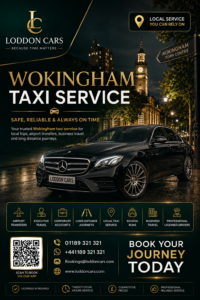 Wokingham Taxi - Reading Taxis Promo poster for Loddon Cars' Wokingham taxi service: luxury black car at night with 'Book your journey today' callout and contact info.