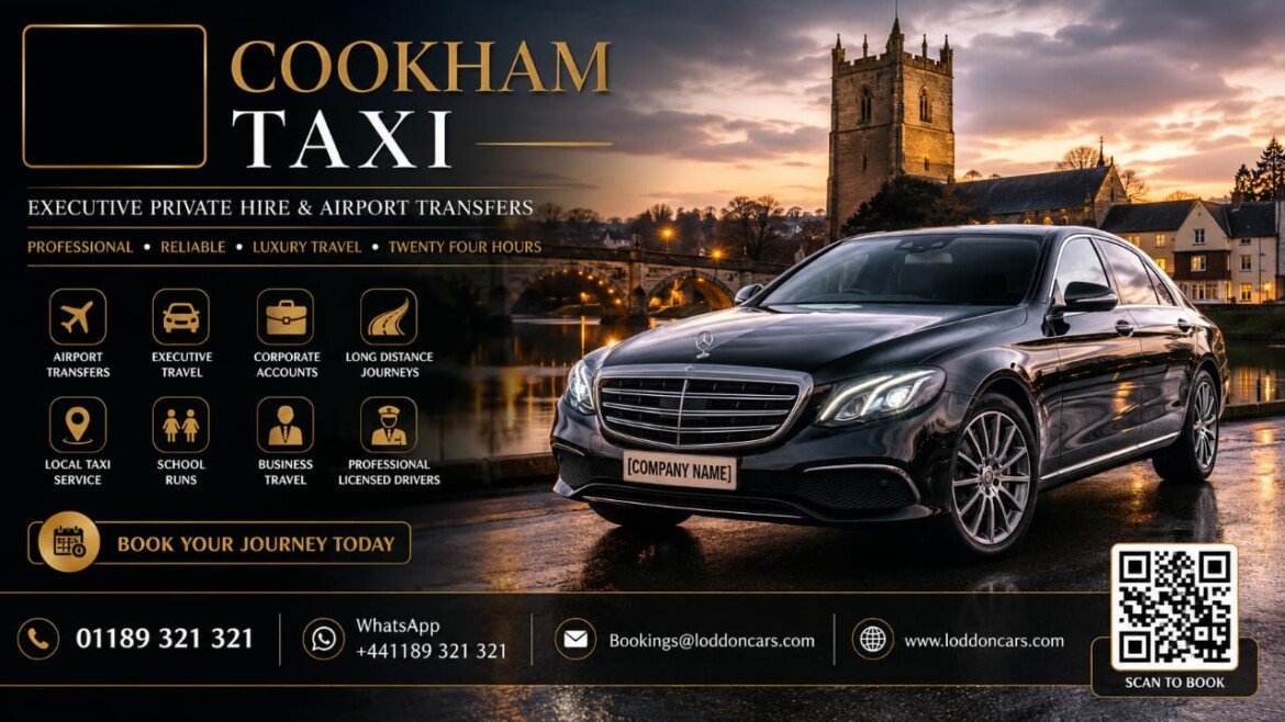 Please "Generate Cookham Taxi landscape image") generate it in a 16:9 landscape, 8K ultra-realistic luxury style with: Glossy black Mercedes-Benz E-Class Executive Saloon No taxi sign Modern luxury city skyline at sunset Black, gold, white, and dark grey premium branding Logo placeholder (top left) QR code placeholder Loddon Cars contact details Billboard-quality, photorealistic chauffeur advertisement.