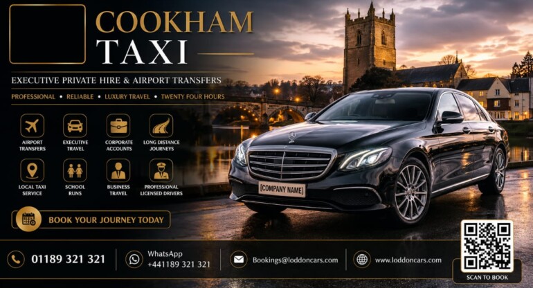 Please "Generate Cookham Taxi landscape image") generate it in a 16:9 landscape, 8K ultra-realistic luxury style with: Glossy black Mercedes-Benz E-Class Executive Saloon No taxi sign Modern luxury city skyline at sunset Black, gold, white, and dark grey premium branding Logo placeholder (top left) QR code placeholder Loddon Cars contact details Billboard-quality, photorealistic chauffeur advertisement.